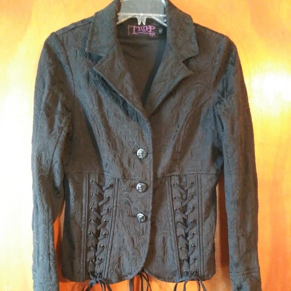 Tripp NYC Black Brocade Corset Laced Stretch Jacket Y2K Medium Gothic Punk